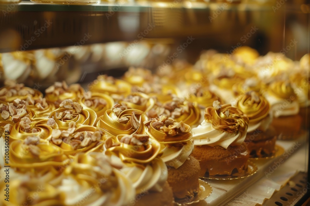 Cinnamon swirls with icing glaze on a bakery showcase under warm lighting. Cinnamon swirls with icing glaze on a bakery showcase under warm lighting.