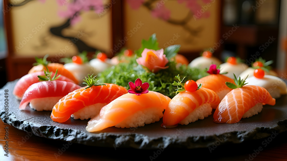 Japanese sushi on ceramic plate Horizontal composition Japanese sushi on ceramic plate Horizontal composition