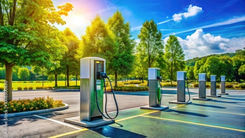 Electric Vehicle Charging Station in Parking Lot with Clear Sky and Green Trees in the Background