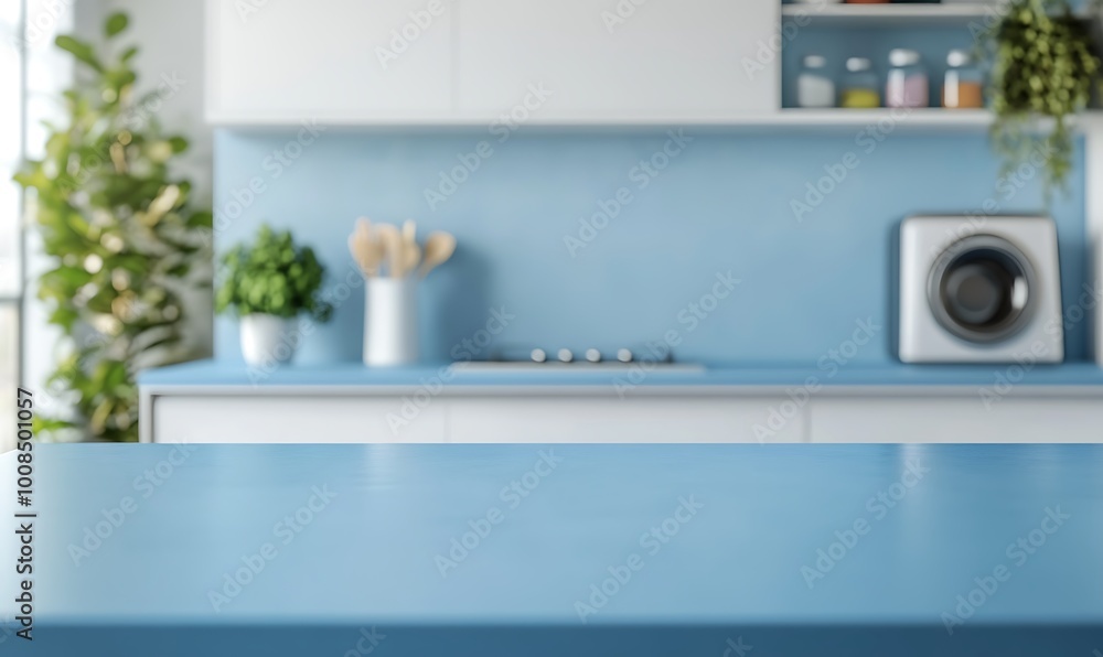 Kitchen with an empty blue countertop against a blurred background of a modern interior. Tabletop for product presentation. Clean mockup for food or laundry detergent, washing. Kitchen with an empty blue countertop against a blurred background of a modern interior. Tabletop for product presentation. Clean mockup for food or laundry detergent, washing.