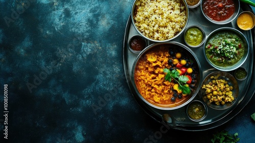 Traditional Indian lunch with poha and chutney in a tiffin box, with plenty of space for copy. photo