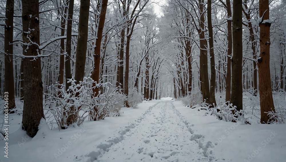 A snowy forest path, lined with tall, dark trees covered in snow. The ground is white. A snowy forest path, lined with tall, dark trees covered in snow. The ground is white.