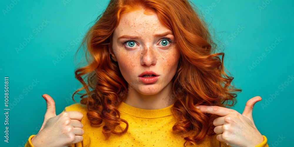 Fototapeta premium In a bright indoor studio, a confused young woman with ginger hair and freckles points at herself, channeling