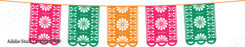 Mexican paper papel picado. Colorful flags for the holiday Cinco de Mayo. Vector illustration isolated on transparent background.