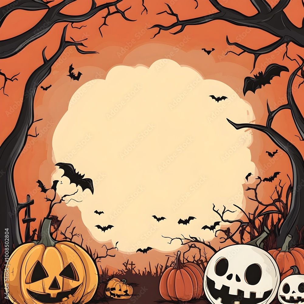 Spooky Cartoon Halloween Backdrop with Pumpkins Bats and Haunting Silhouetted Trees under a Full Moon Spooky Cartoon Halloween Backdrop with Pumpkins Bats and Haunting Silhouetted Trees under a Full Moon