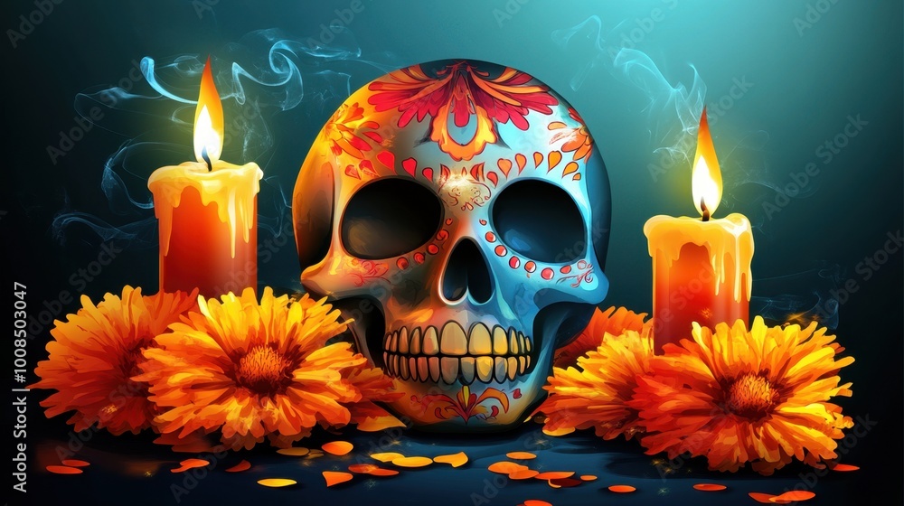 A skull with vibrant Day of the Dead decorations, placed in a celebratory setting with colorful candles and marigold petals. Realistic A skull with vibrant Day of the Dead decorations, placed in a celebratory setting with colorful candles and marigold petals. Realistic