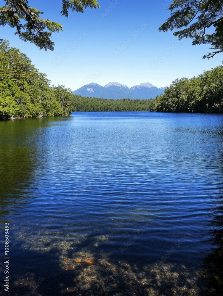Serene mountain lake with a blue sky and lush green trees. Serene mountain lake with a blue sky and lush green trees.