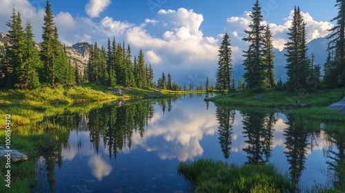 Serene mountain lake with lush green forest reflecting in the still water, under a cloudy sky.