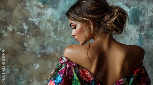 Beautiful woman in a colorful dress with an open back, back view close-up, capturing the playful mix of colors and elegance