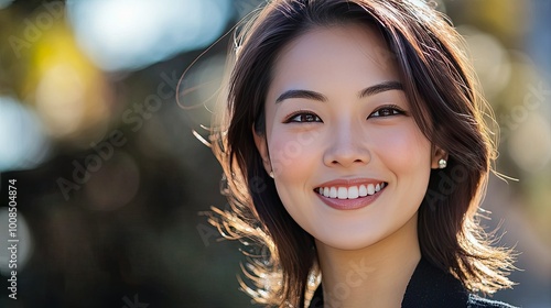 Close-up of an Asian woman smiling confidently with glowing skin, emphasizing a healthy skincare routine