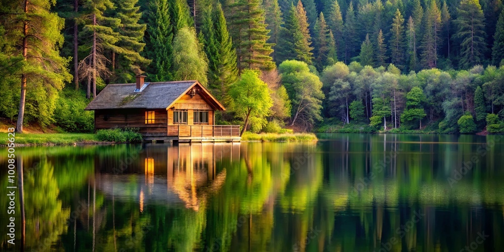 Obraz premium A tranquil wooden cabin nestled on the shore of a serene lake, surrounded by a vibrant tapestry of evergreen trees, reflecting the warm glow of the setting sun in the still water.