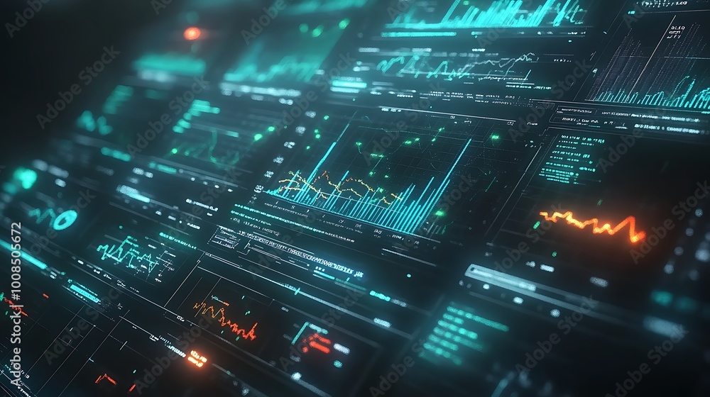 A high-resolution image showing holographic elements like data charts, graphs, and technical indicators floating in 3D space. A high-resolution image showing holographic elements like data charts, graphs, and technical indicators floating in 3D space.
