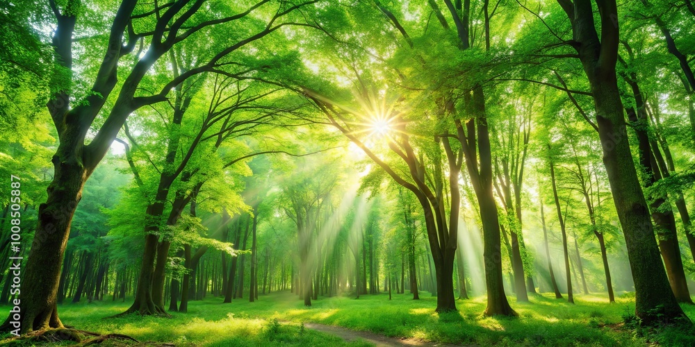 Obraz premium Sunlight filtering through a verdant canopy of trees, casting a soft glow on the forest floor, creating a tranquil and enchanting atmosphere.