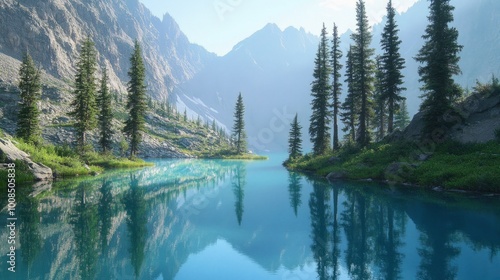 Serene mountain lake with crystal clear water and evergreen trees reflected in the surface.