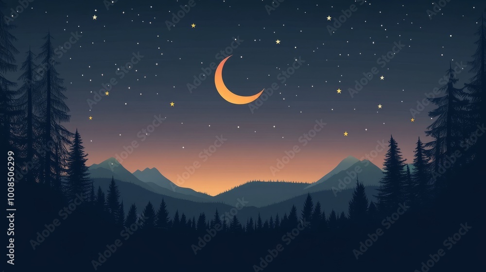 Silhouette of a mountain range with forest and crescent moon in a starry night sky. Silhouette of a mountain range with forest and crescent moon in a starry night sky.
