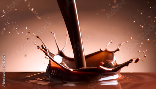 Detail of pouring hot chocolate with splash. Studio macro shot on black background.