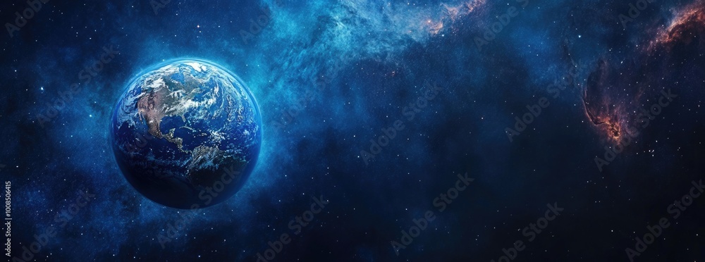 Starts, Earth in space, blue nebula background. Starts, Earth in space, blue nebula background.
