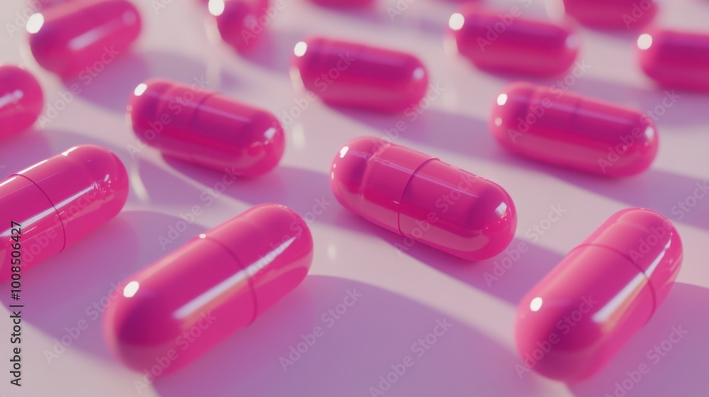 Antibacterial drug capsules spread out in a random pattern on a white surface, showing intricate details. Realistic Antibacterial drug capsules spread out in a random pattern on a white surface, showing intricate details. Realistic