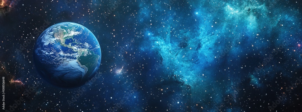Starts, Earth in space, blue nebula background. Starts, Earth in space, blue nebula background.