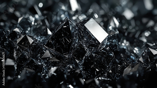 3d render, abstract black crystal background, faceted texture, macro panorama, wide panoramic polygonal wallpaper