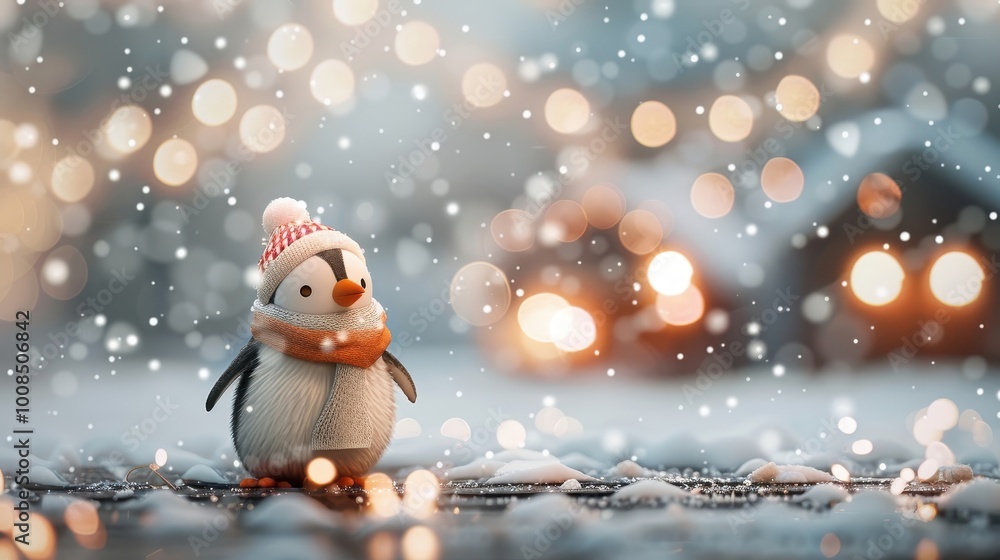 Obraz premium A whimsical illustration of a penguin wearing a scarf and hat in a snowy village.