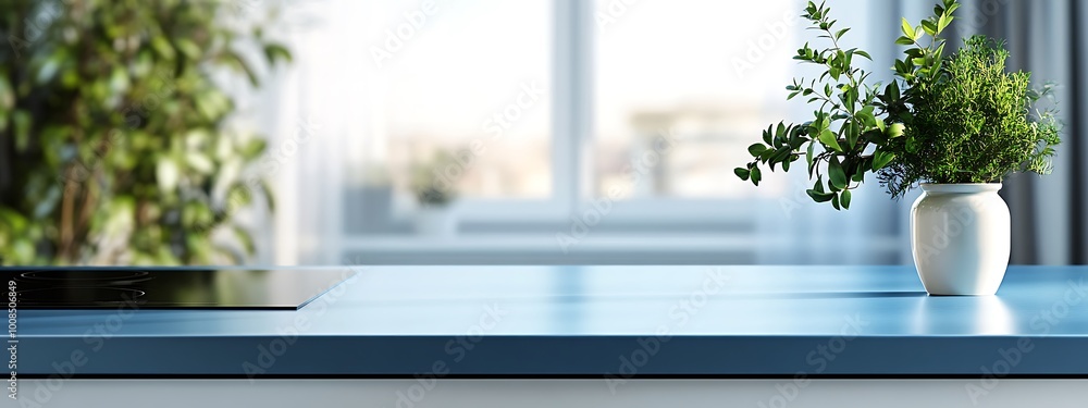 Kitchen with an empty blue countertop against a blurred background of a modern interior. Tabletop for product presentation. Clean mockup for food or laundry detergent, washing. Kitchen with an empty blue countertop against a blurred background of a modern interior. Tabletop for product presentation. Clean mockup for food or laundry detergent, washing.
