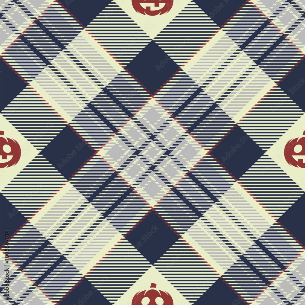Halloween vector pattern with plaid stripes and pumpkins, spooky ghosts, and scary ornaments. Ideal for autumn background, textile, fabric, party decor, greeting cards, posters, or tiled wallpaper. Halloween vector pattern with plaid stripes and pumpkins, spooky ghosts, and scary ornaments. Ideal for autumn background, textile, fabric, party decor, greeting cards, posters, or tiled wallpaper.