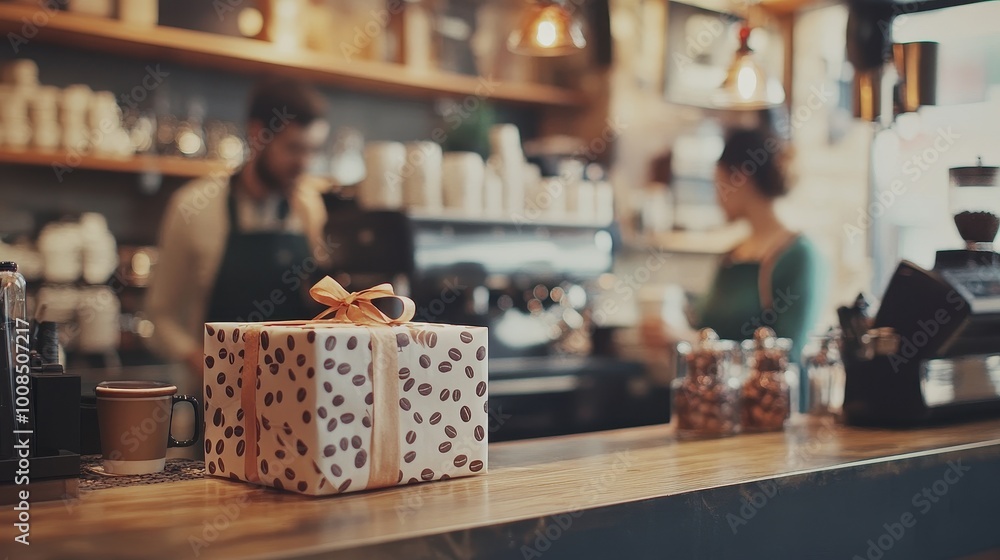 Cozy Coffee Shop with Wrapped Gift on the Counter Cozy Coffee Shop with Wrapped Gift on the Counter