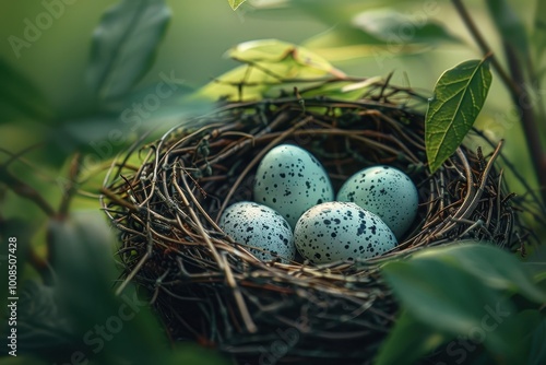 Captures the delicate beauty and fragility of a bird's nest and its precious contents.