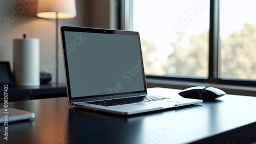 A sleek laptop sits on a minimalist desk alongside a smartphone and plants, with large windows revealing a vibrant cityscape in daylight.