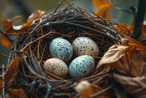 Captures the delicate beauty and fragility of a bird's nest and its precious contents.