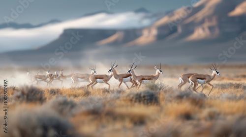 A herd of springbok fleeing from a predator, their white rumps flashing.