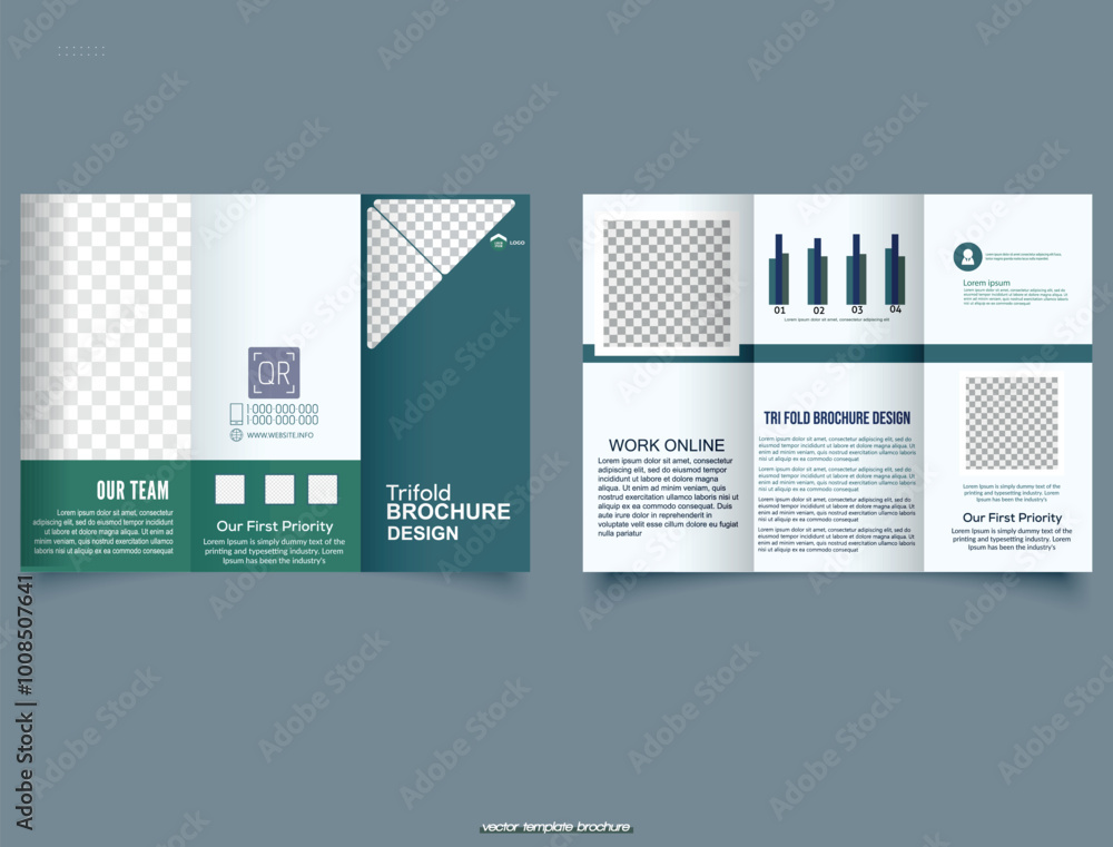 Green trifold brochure. Cards, Landing, Website Design. Vector illustration Green trifold brochure. Cards, Landing, Website Design. Vector illustration