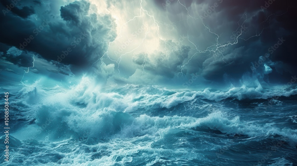 Dramatic Lightning Storm Over Turbulent Ocean Waves Dramatic Lightning Storm Over Turbulent Ocean Waves
