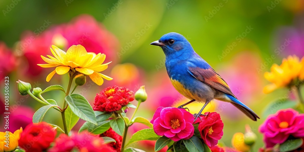 A vibrantly colored bird perched on a crimson bloom, its plumage a symphony of blue, yellow, and red, amidst a vibrant tapestry of blossoms in a lush garden. A vibrantly colored bird perched on a crimson bloom, its plumage a symphony of blue, yellow, and red, amidst a vibrant tapestry of blossoms in a lush garden.