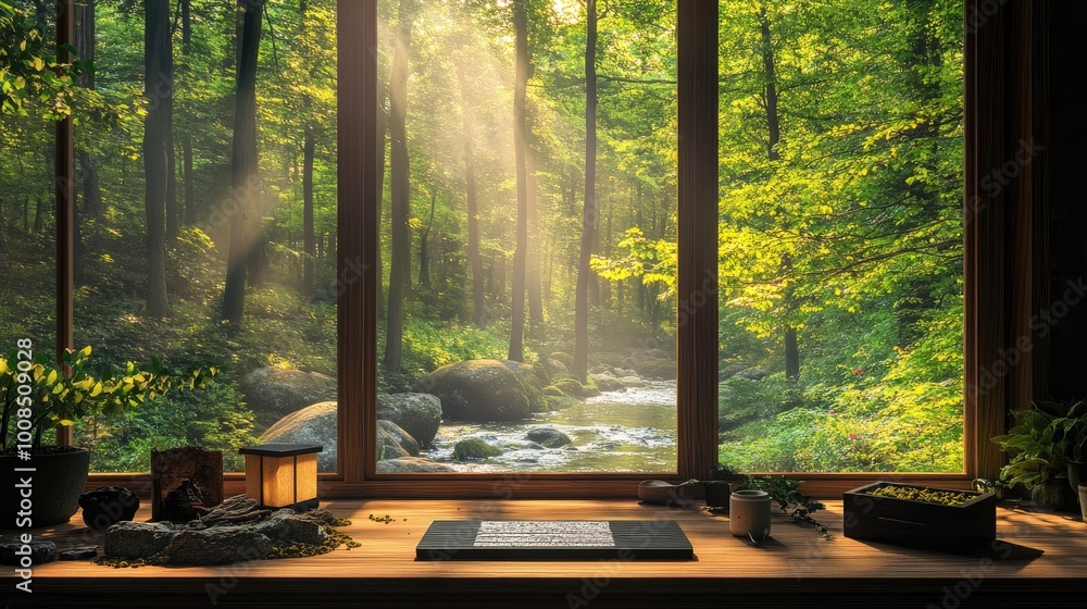 Fototapeta premium A tranquil meditation space with a desk featuring zen garden elements, a window view of a serene forest with a gentle stream, and the calming sounds of nature mixed with lo-fi music.