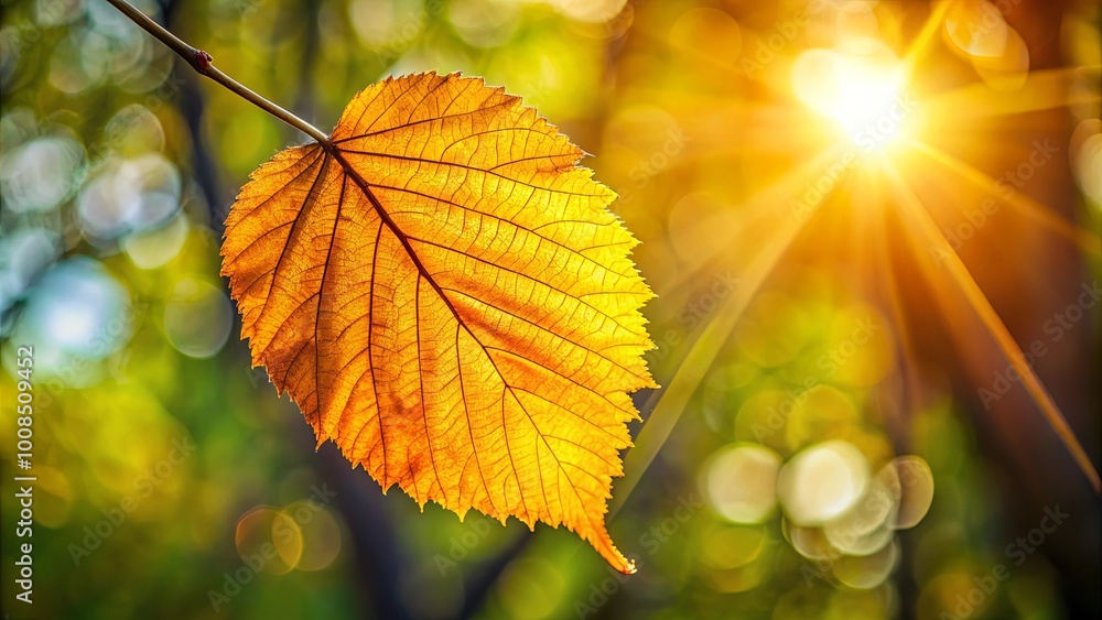 A Single Golden Leaf Basking in the Warmth of the Setting Sun, Its Veins Traced with Sunlight, a Symbol of Nature's Tranquil Beauty A Single Golden Leaf Basking in the Warmth of the Setting Sun, Its Veins Traced with Sunlight, a Symbol of Nature's Tranquil Beauty