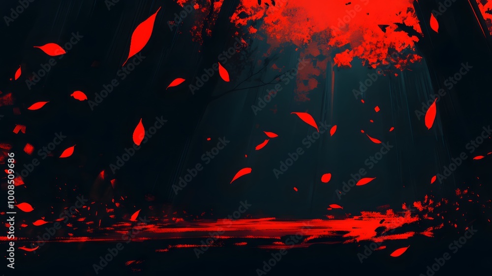 A mesmerizing dark forest with vivid red leaves swirling in the air. A mesmerizing dark forest with vivid red leaves swirling in the air.