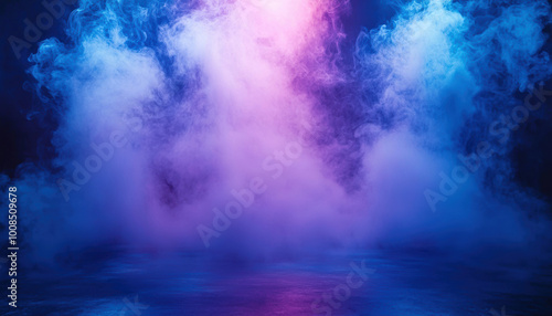 Background of an empty room with smoke and neon light Dark abstract background