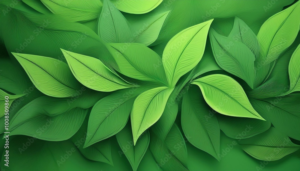 Fototapeta premium A vibrant arrangement of green leaves, creating a lush, textured background that symbolizes nature and freshness.