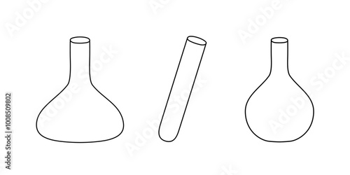 Set of chemical flasks, doodle style flat vector outline for coloring book