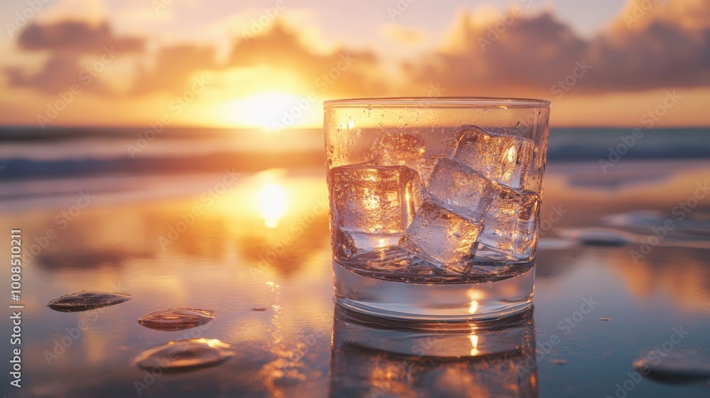 Close-up of a glass of water with ice cubes, condensation forming on the outside, resting on a glass table by the beach at sunset. Realistic Close-up of a glass of water with ice cubes, condensation forming on the outside, resting on a glass table by the beach at sunset. Realistic