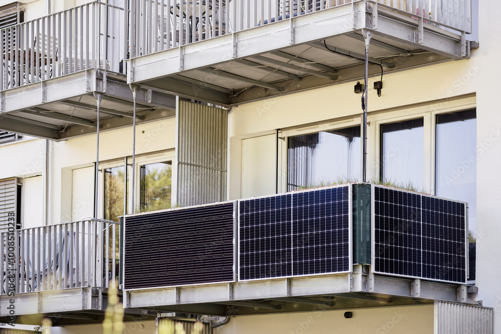 Fototapeta premium Balcony Solar Panels. Balcony Solar Module. Solar Energy Generation of Modern Balcony.