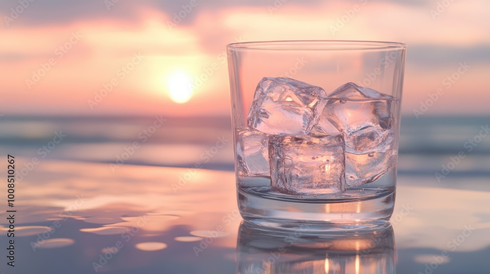 Close-up of a glass of water with ice cubes, condensation forming on the outside, resting on a glass table by the beach at sunset. Realistic Close-up of a glass of water with ice cubes, condensation forming on the outside, resting on a glass table by the beach at sunset. Realistic