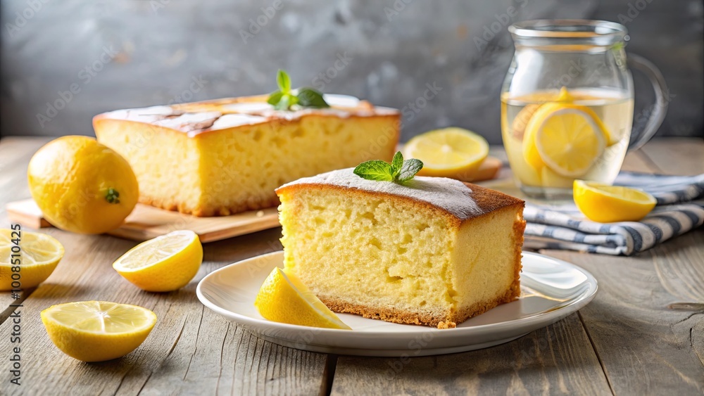 A slice of lemon cake, dusted with powdered sugar, sits on a white plate with a slice of lemon, inviting a sweet and citrusy experience. A slice of lemon cake, dusted with powdered sugar, sits on a white plate with a slice of lemon, inviting a sweet and citrusy experience.