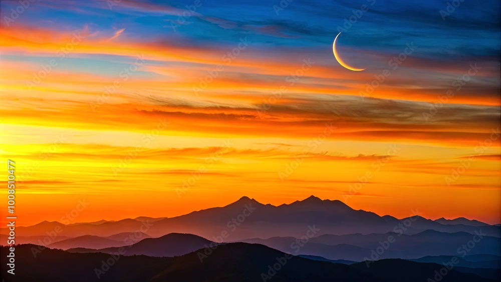 Fototapeta premium A solitary crescent moon hangs high above a fiery sunset, casting long shadows over the layered silhouette of distant mountains.