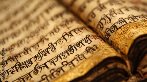 A close-up of a manuscript with handwritten Sanskrit verses dedicated to Krishna photo