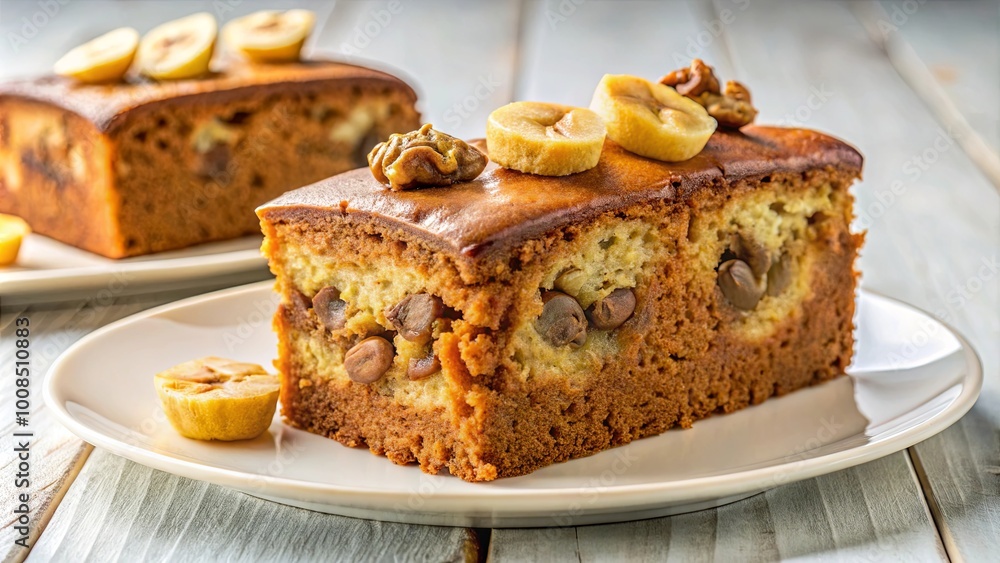A Slice of Banana Bread with a Glazed Top and Toasted Nuts on a White Plate A Slice of Banana Bread with a Glazed Top and Toasted Nuts on a White Plate