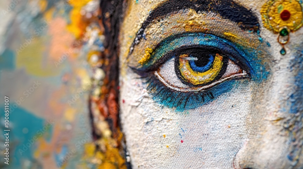A close-up of a mixed media Krishna artwork, incorporating fabric, paint A close-up of a mixed media Krishna artwork, incorporating fabric, paint