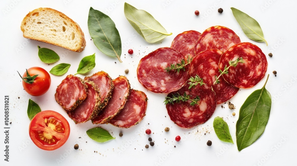 Sliced Cured Meats with Herbs, Spices, and Tomatoes Surrounded by Bread and Fresh Leaves Sliced Cured Meats with Herbs, Spices, and Tomatoes Surrounded by Bread and Fresh Leaves